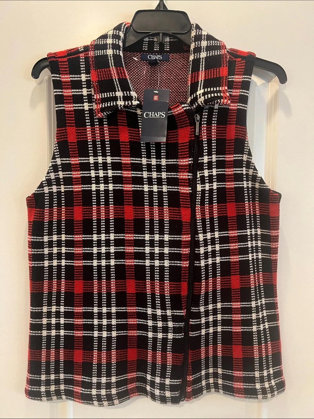 Chaps Red Black White Plaid Sleeveless Collared Vest